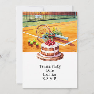 Invitation Tennis Party sur le court avec gâteau et balle