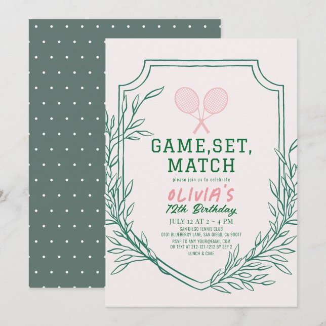 Invitation Tennis Racquet Retro Rose & Green Girl Anniversair (Devant / Derrière)