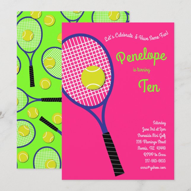 Invitation Tennis Sports Anniversaire de enfant Party Pink Gi (Devant / Derrière)