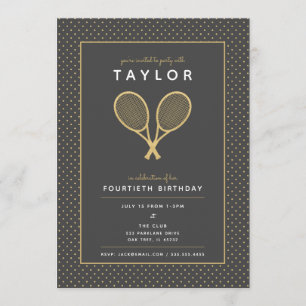 Invitation Tennis Star Sports Party en or et gris