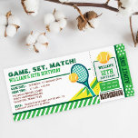 Invitation Tennis Ticket Pass Anniversaire<br><div class="desc">Jeu... Lot... Match ! Cette invitation à la fête des billets de tennis jaune vert comprend un raquet de tennis et un ballon de tennis sur une invitation de laissez-passer d'admission. Tous les textes sont modifiables, vous pouvez modifier ce billet de tournoi de tennis pour baby shower, fête d'anniversaire, tournoi...</div>