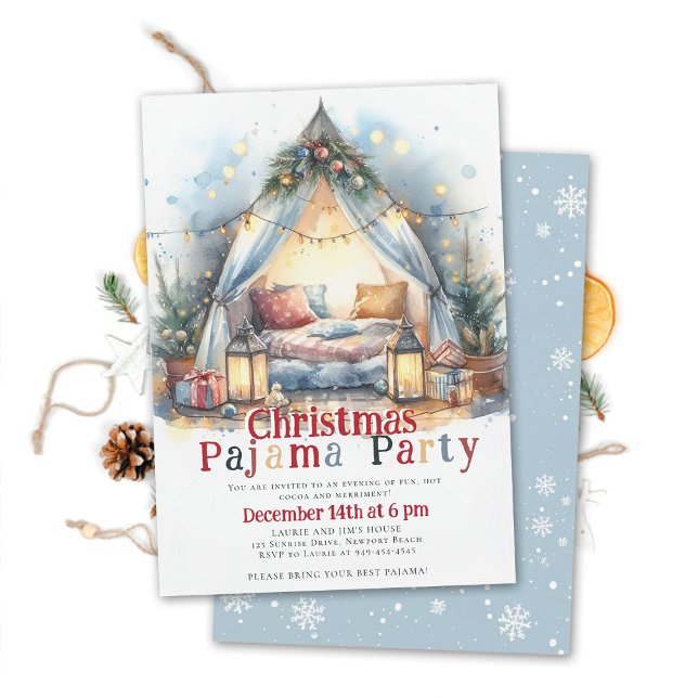 Invitation Tente Coussin Jeu de Pyjama de Noël Lumières (christmas pajama party invitation slumber sleepover tent watercolor twinkle lights happy colorful )