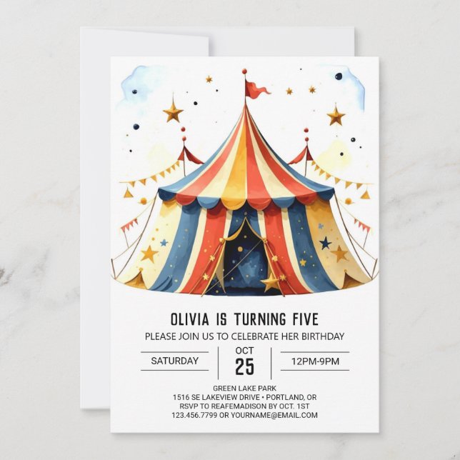 Invitation Tente Custom Watercolor Cirque Anniversaire (Devant)