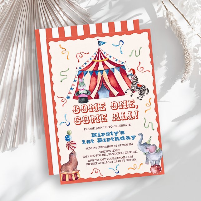 Invitation Tente de cirque Carnaval Animaux 1er Anniversaire (Créateur téléchargé)