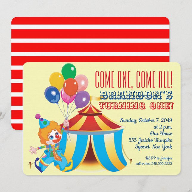 Invitation Tente de cirque et clown premier anniversaire (Devant / Derrière)