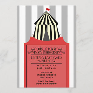 Invitation Tente de cirque noir et blanc avec billet rouge An