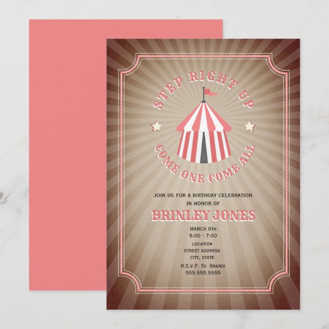Invitation Tente de cirque rose vintage inspirée Anniversaire (Devant / Derrière)