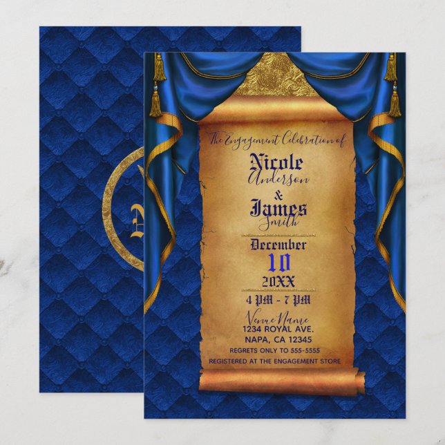 Invitation Tente de mariage défilé bleu royal et or (Devant / Derrière)