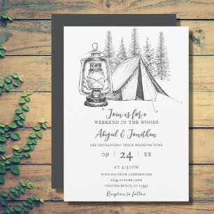 Invitation Tente, lanterne et bois croquis Mariage de camping
