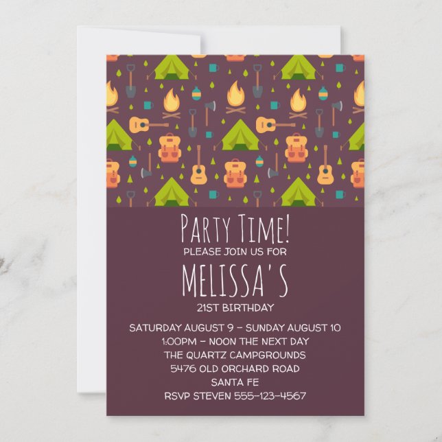 Invitation Tentes de motif de camping rustique et guitares An (Devant)