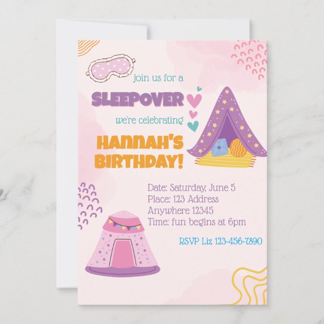 Invitation Tentes de soirée pyjama rose Anniversaire (Devant)