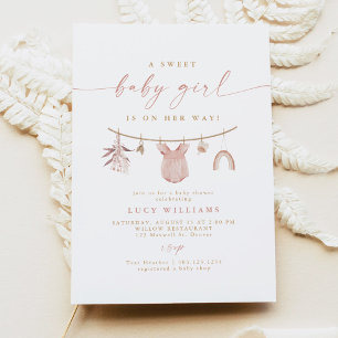 Invitation Tenue bohème rose pour bébé fille sur corde à ling