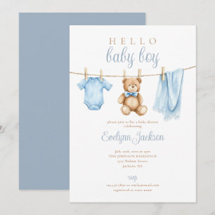 Invitation Tenue de bébé garçon bleu adorable sur un fil à li