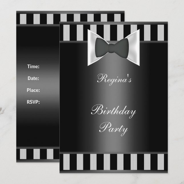 Invitation Tenue de fête d'anniversaire à rayures noir et bla (Devant / Derrière)