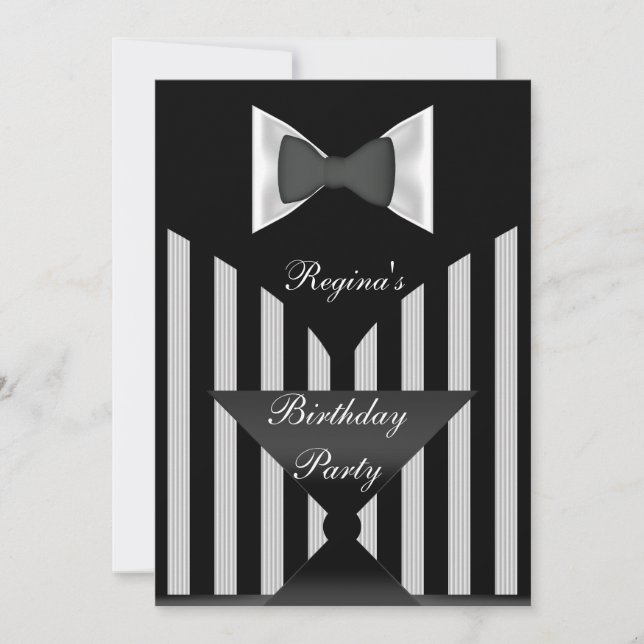 Invitation Tenue de fête d'anniversaire à rayures noir et bla (Devant)
