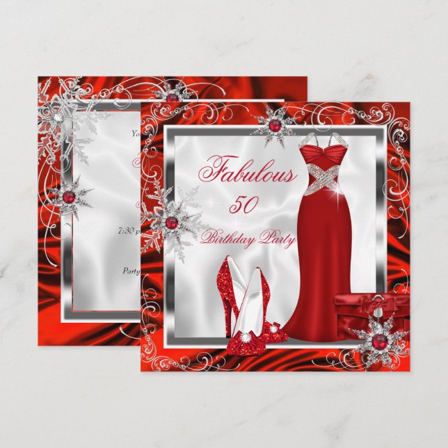 Invitation Tenue de fête fabuleuse, robe rouge, talons argent (Devant / Derrière)