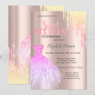 Invitation Tenue Rose Gold Sweet 16, Robe tendance avec goutt