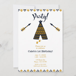 Invitation Tepee bleu et or Boho fête d'anniversaire moderne