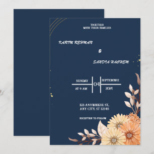 Invitation Terme Orange Roses Floral Marine Mariage bleu