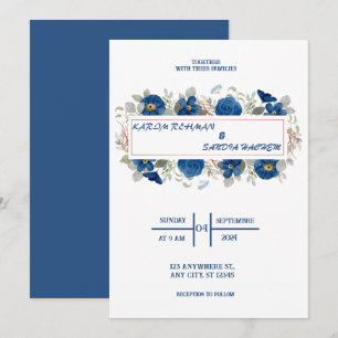 Invitation Terme Orange Roses Floral Marine Mariage bleu