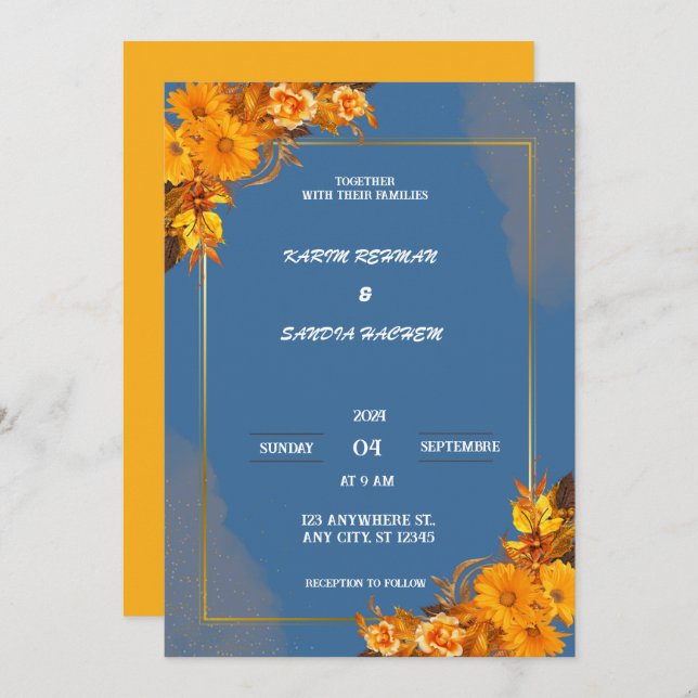 Invitation Terme Orange Roses Floral Marine Mariage bleu (Devant / Derrière)