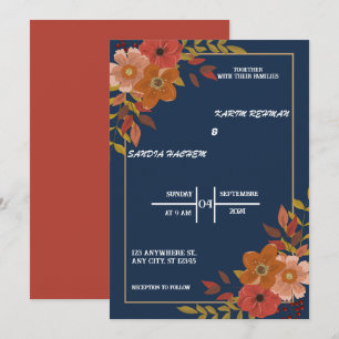 Invitation Terme Orange Roses Floral Marine Mariage bleu