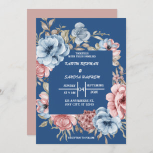 Invitation Terme Orange Roses Floral Marine Mariage bleu