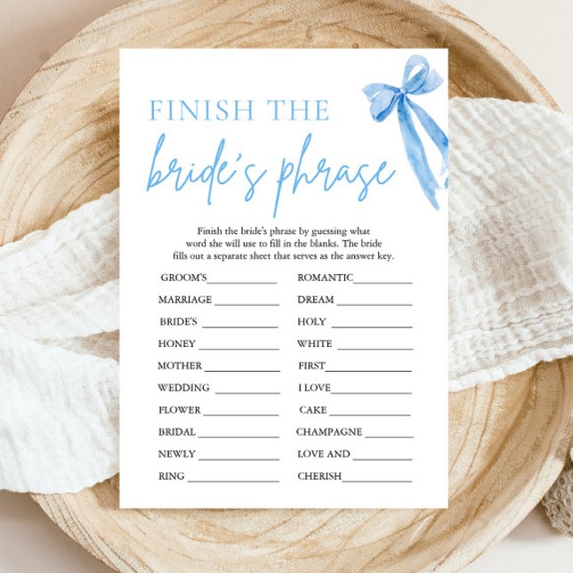 Invitation Terminer la phrase de la mariée Jeu de Baby Shower (Modern Watercolor Dusty Blue Bow Finish the Bride's Phrase Bridal Shower Game)