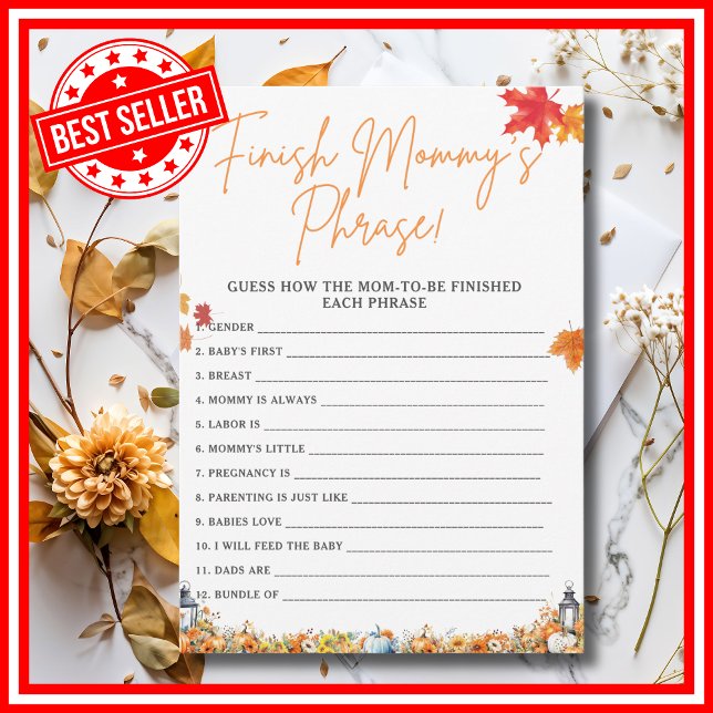 Invitation TERMINER LA PHRASE DE MAMAN Jeu de Baby Shower CIT (FINISH MOMMY'S PHRASE Easy Baby Shower Game A Little Pumpkin is on the Way Fall Autumn Theme)