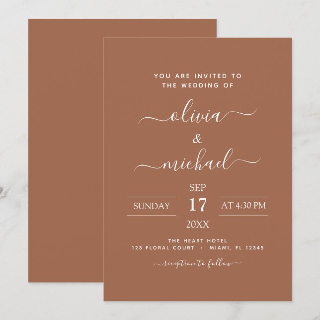 Invitation Terra Cotta Boho Mariage Moderne Simple (Devant / Derrière)