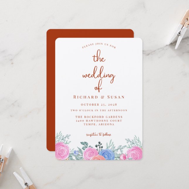 Invitation Terra Cotta Floral Mariage (Devant/Arrière en situation)
