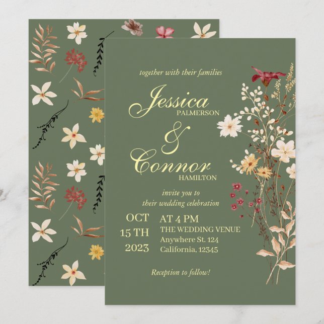 Invitation Terracota Coloré Fleur sauvage Mariage boho (Devant / Derrière)