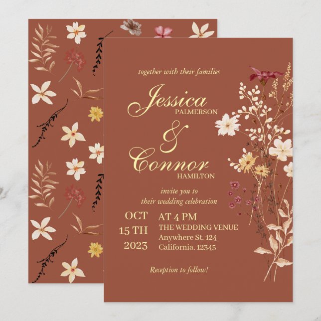 Invitation Terracota Coloré Fleur sauvage Mariage boho (Devant / Derrière)