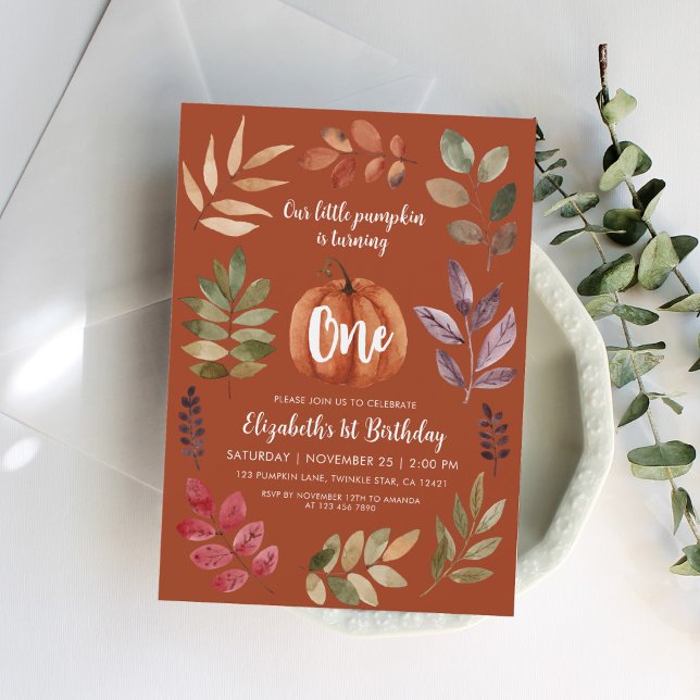 Invitation Terracotta 1er Anniversaire Citrouille, Feuille (Créateur téléchargé)