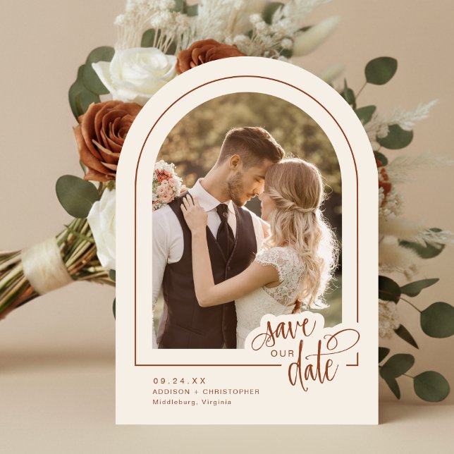 Invitation Terracotta 5 Script photo Mariage Enregistrer la d (Shown on a 5" x 7" invitation with Arch Corner Style)