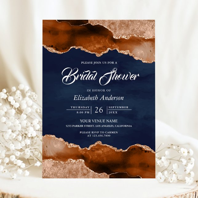 Invitation Terracotta Agate Marble Navy Blue Bridal Shower (Créateur téléchargé)