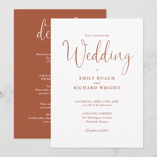 Invitation Terracotta All In One Élégant Script Mariage (Devant / Derrière)