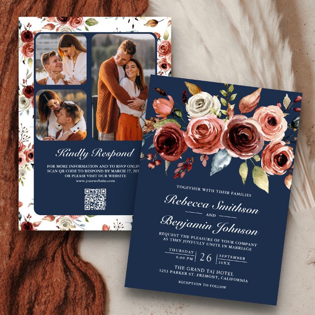 Invitation Terracotta Aquarelle Floral Bleu Marine Code QR Ma (Créateur téléchargé)