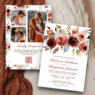 Invitation Terracotta Aquarelle Florale Photo QR Code Mariage