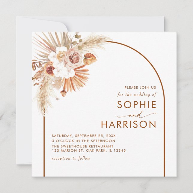 Invitation Terracotta Arch Boho Pampas Carré Mariage (Devant)