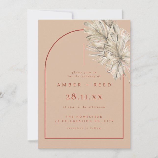 Invitation Terracotta & Blush Moderne Arch Palm Mariage feuil (Devant)
