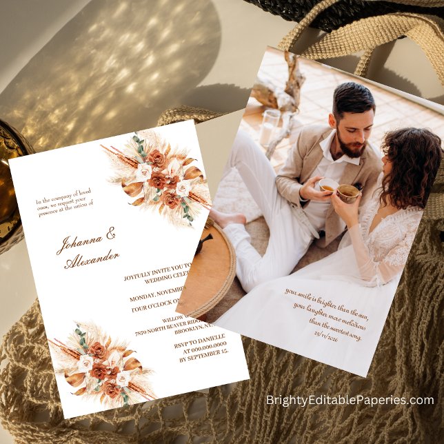 Invitation Terracotta bohème Elopement Floral Pampas Grass (Step into Boho Bliss with Our Terracotta Floral Elopement Pampas Grass Invites.)
