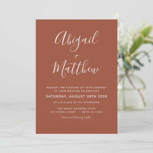 Invitation Terracotta Bohemian Simple Mariage manuscrit (Debout devant)