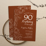 Invitation Terracotta Boho 90e fête d'anniversaire<br><div class="desc">Terracotta Boho 90th Birthday Party Invitation. Design moderne minimaliste avec des accents de dessin botanique floral et de police de script de typographie. Carte invitation simple et tendance,  parfaite pour une célébration anniversaire élégante. Peut être customisé à n'importe quel âge. Invitations Zazzle imprimées ou téléchargement instantané modèle imprimable numérique.</div>
