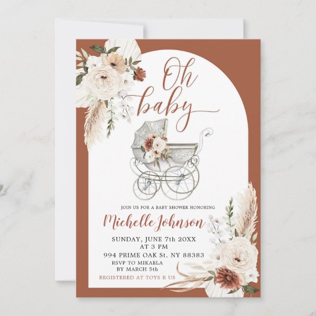 Invitation Terracotta Boho Arch Baby shower à poussettes flor (Devant)
