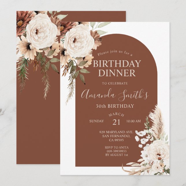 Invitation Terracotta Boho Arch Floral Anniversaire 30 ans Dî (Devant / Derrière)