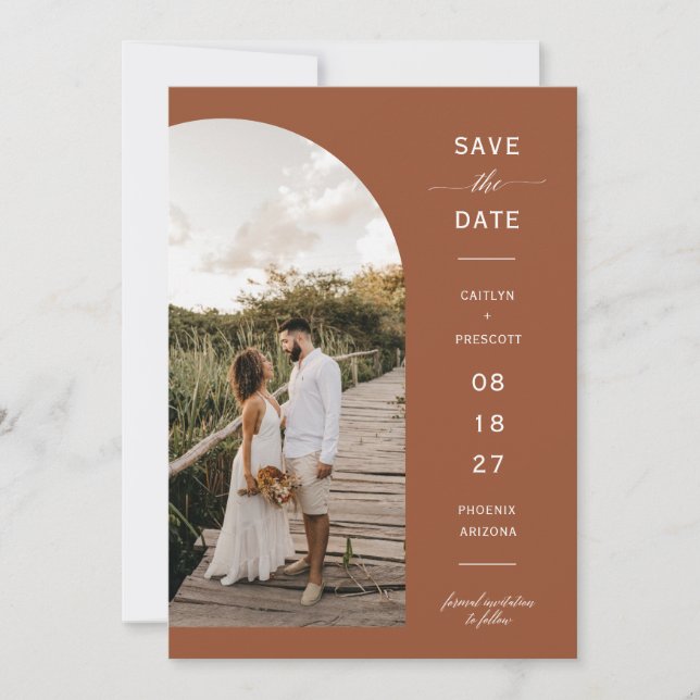 Invitation Terracotta Boho Arch Photo QR Code Save the Date (Devant)