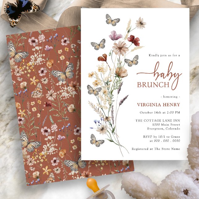 Invitation Terracotta Boho Fleur sauvage Bébé Brunch (Terracotta Boho Wildflower Baby Brunch Invitation with Butterflies by Painted Paperie
)