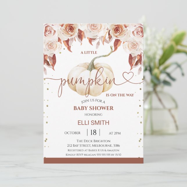 Invitation Terracotta Boho Floral Petit Baby shower Citrouill (Debout devant)