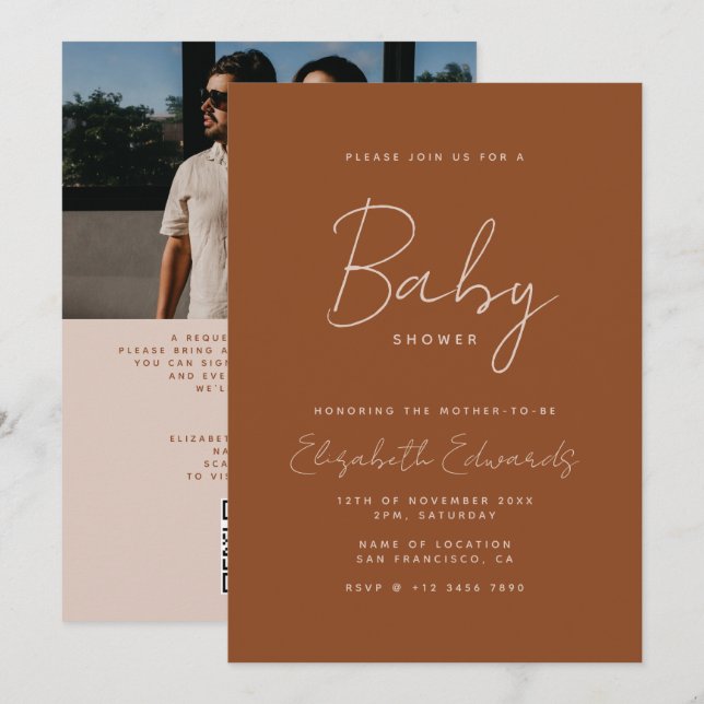 Invitation Terracotta Boho Minimal Photo QR Code Baby shower (Devant / Derrière)
